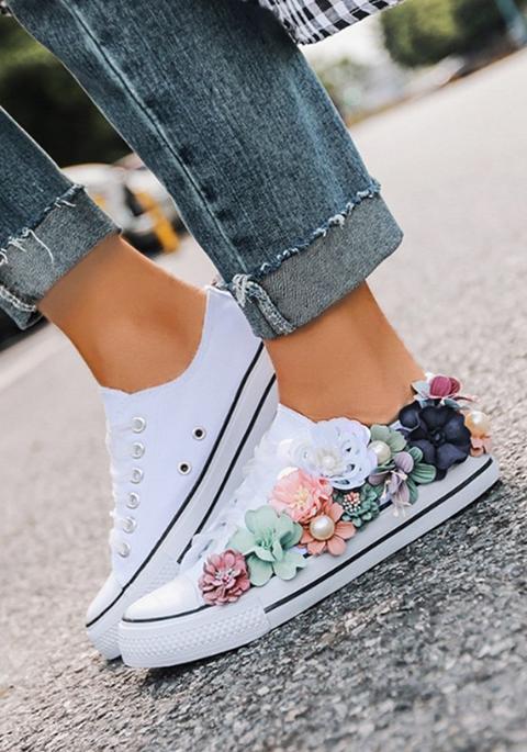 White Round Toe Pearl Flower Fashion Ankle Shoes