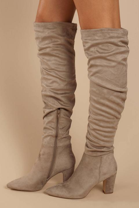 thigh high taupe suede boots