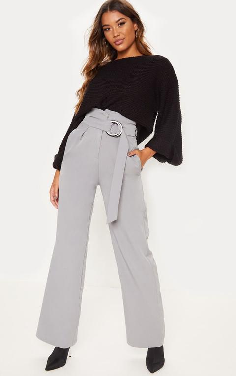 Silver Grey Belt Ring Detail Wide Leg Trouser