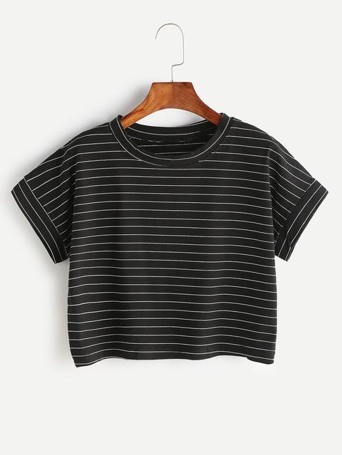 Camiseta Corta De Rayas - Negro