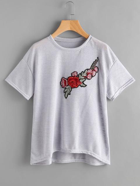 Embroidered Applique Dip Hem Tshirt