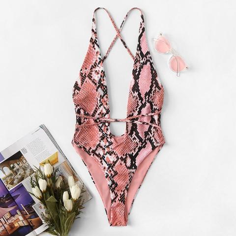 Snakeskin Print Deep V Plunge Swimsuit