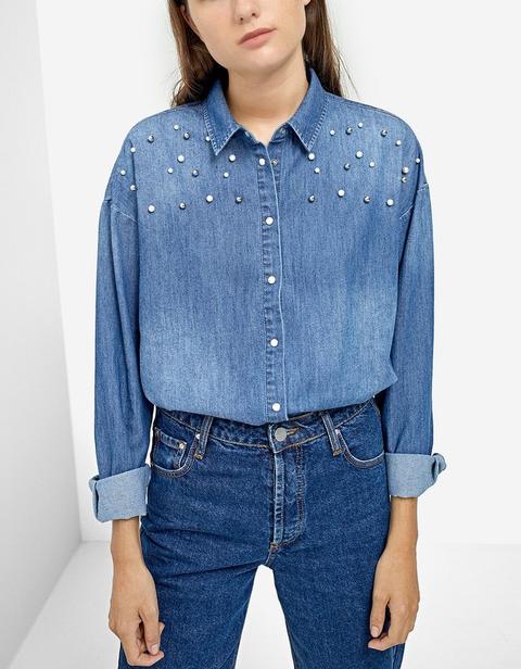 Camicia Di Jeans Con Perle Jeans Chiaro