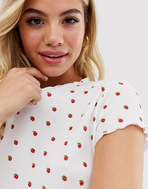 Pimkie - T-shirt Bianca Con Fragole E Fondo Ondulato - Bianco