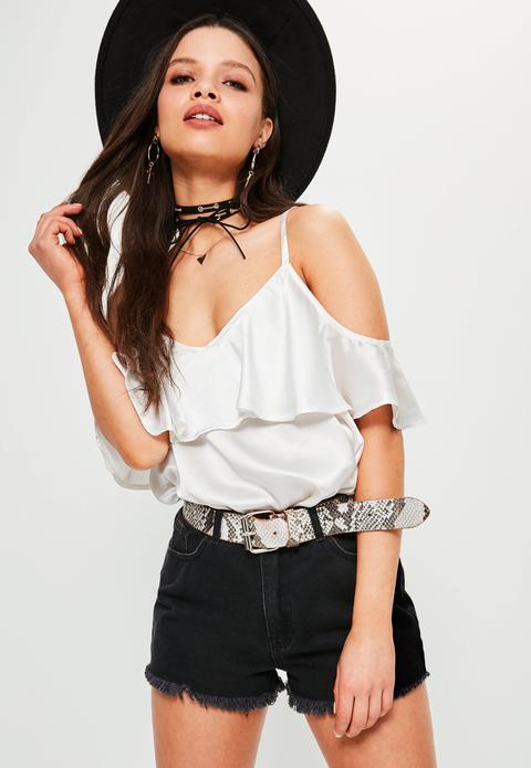 White Satin Cold Shoulder Frill Cami Top