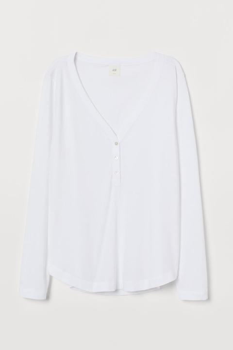 H & M - Maglia Jersey Con Scollo A V - Bianco