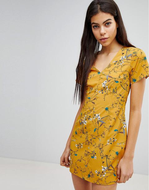 Missguided - Vestito A Fiori Con Bottoni - Giallo