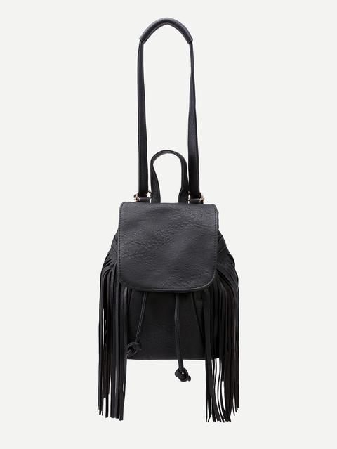 Bolso Bombonera De Cuero Sintético Con Flecos Negro