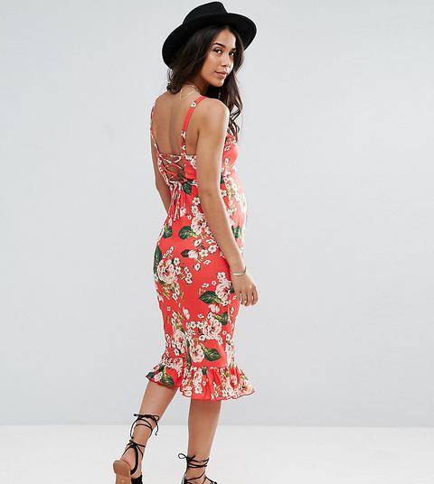 Vestido Midi Veraniego Rojo Con Cordones En La Espalda Y Sobrefalda En El Bajo Con Estampado Floral De Asos Maternity