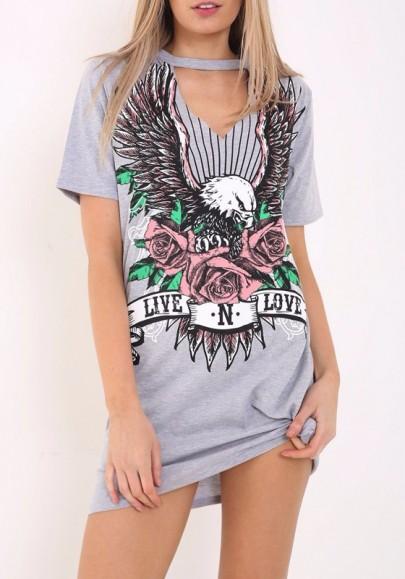 Mini Vestido En Vivo N Love Slogan Águila Patrón Choker Recortar Camiseta Casuales Gris