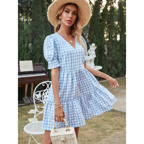 Gingham Puff Sleeve Ruffle Hem Babydoll Dress