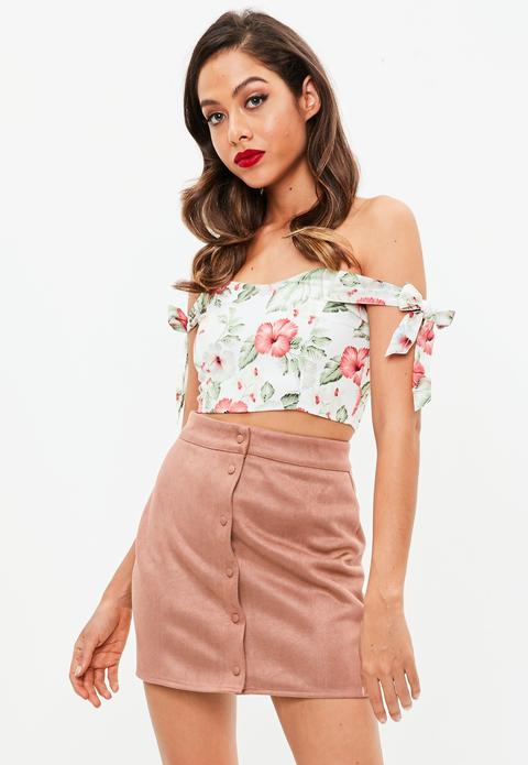 Dusky Pink Button Thru Faux Suede Mini Skirt