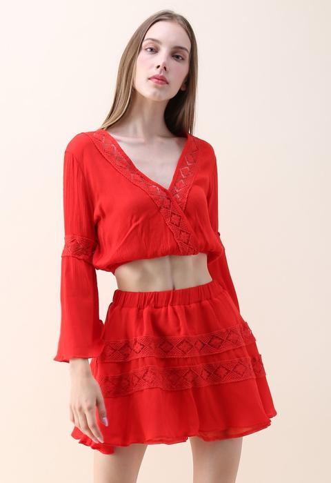 Exceedingly Faddish Crop Top And Skirt Set In Red