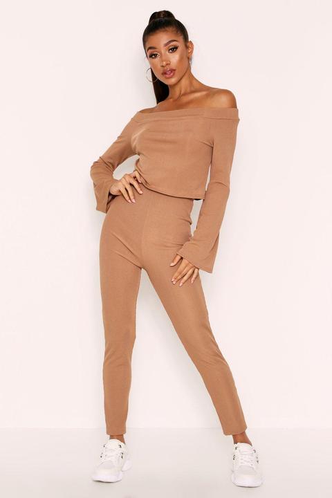 Rib Slash Neck Wide Sleeve Top + Wide Leg Trouser Coord