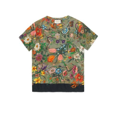 T-shirt In Lino Con Stampa Flora Snake