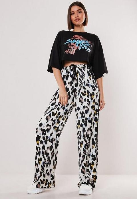 Tall White Satin Leopard Print Wide Leg Trousers, White