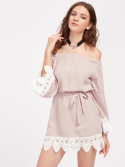 Off Shoulder Lace Hem Dress With Belt