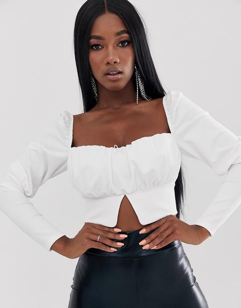 Asos Design - Crop Top Froncé Sur L'avant À Encolure Carrée Avec Manches Bouffantes-blanc