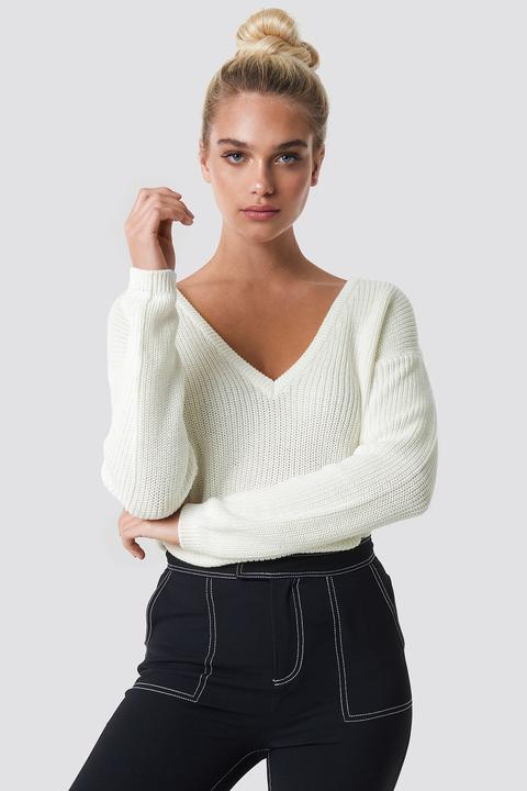 Na-kd Deep Front V-neck Knitted Sweater - White