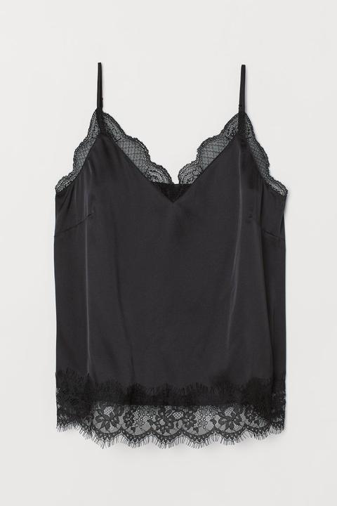 Satin Strappy Top With Lace - Black