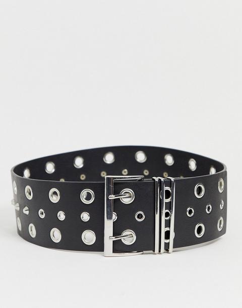 Asos Design Super Wide Multi Eyelet And Chain Waist Belt In Black