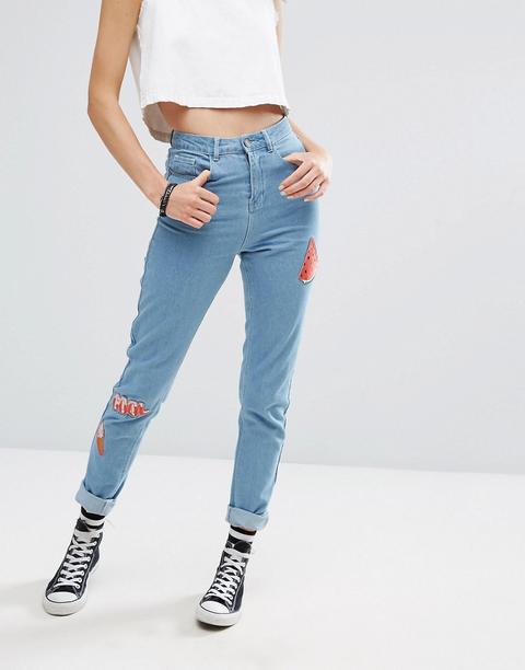 Noisy May - Donna - Mom Jeans Con Toppe A Motivo Estivo - Blu