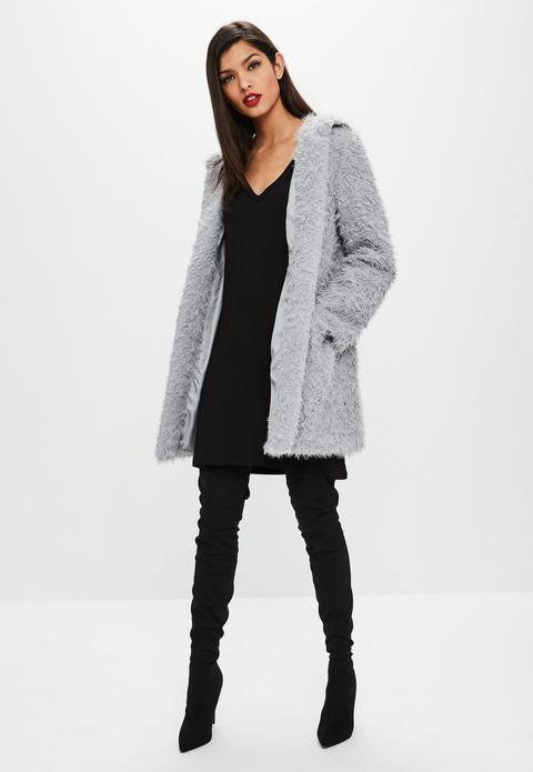 Grey Hooded Shaggy Longline Coat, Grey