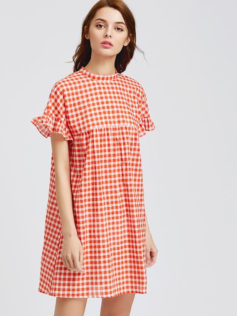Vestido De Cuadros Con Volantes Espalda Con Abertura Naranja