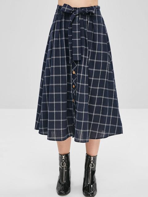 Checked Tie Button Up Skirt