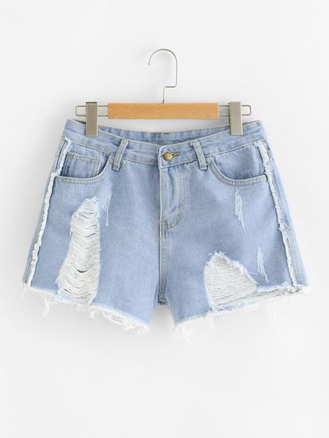 Shorts In Denim Strappati Orlo Sfilacciato