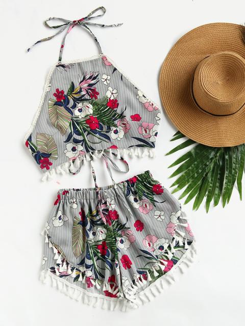 Top A Collo Halter & Pantaloncino In Stampa A Fiori