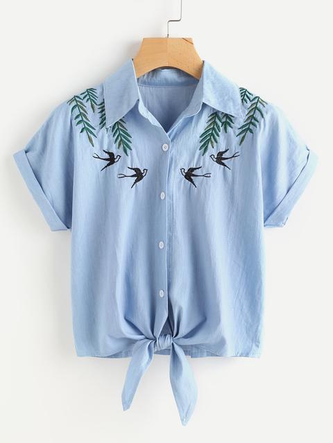 Tie Front Swallows Embroidered Denim Shirt