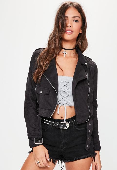 Black Faux Suede Biker Jacket, Black