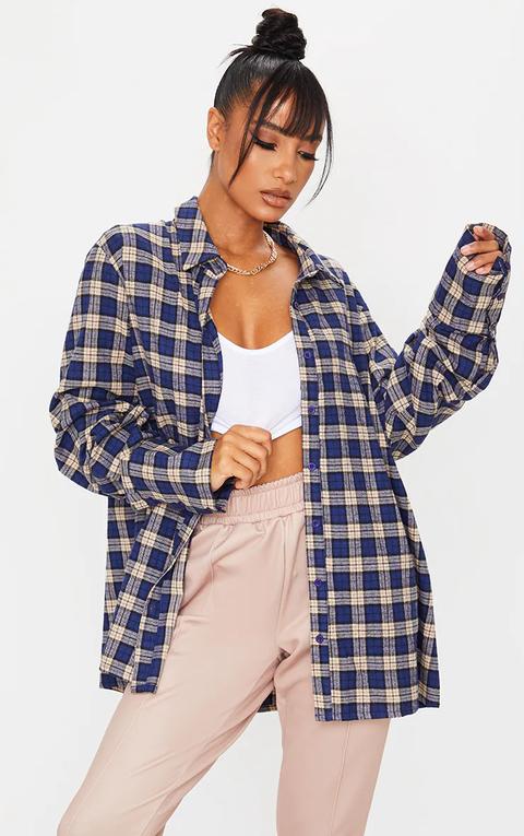 Chemise Oversize Bleu Foncé À Carreaux, Bleu