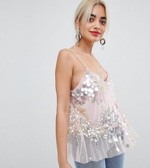 River Island Petite - Canotta Decorata Con Paillettes - Rosa