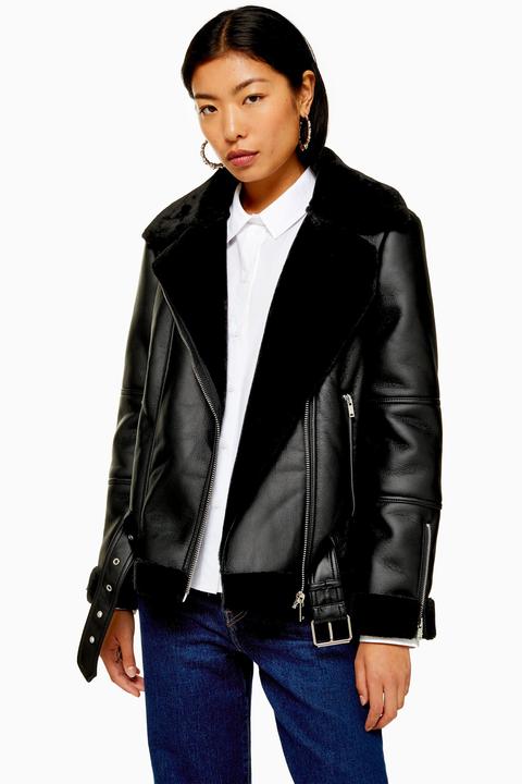 Womens Black Faux Shearling Biker Jacket - Black, Black