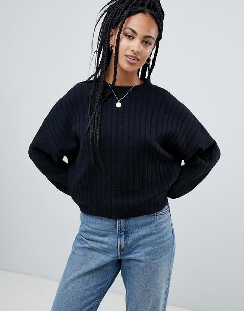 Asos Design Eco Boxy Jumper In Wide Fluffy Rib - Black