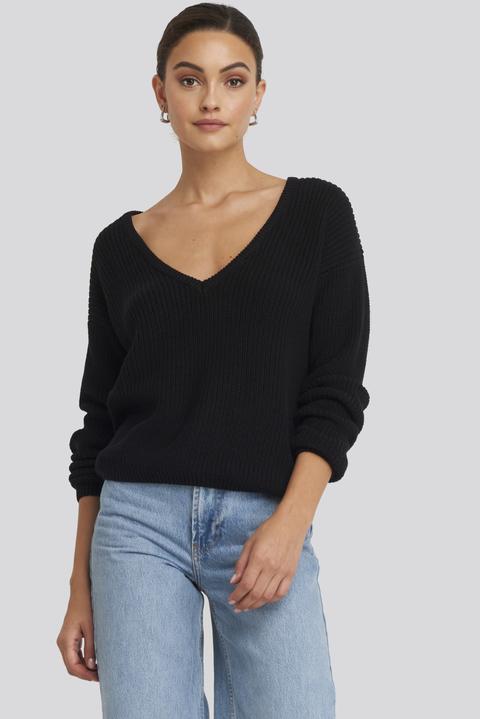 Deep Front V-neck Knitted Sweater Schwarz