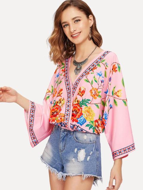 Top Floral De Cuello Cruzado