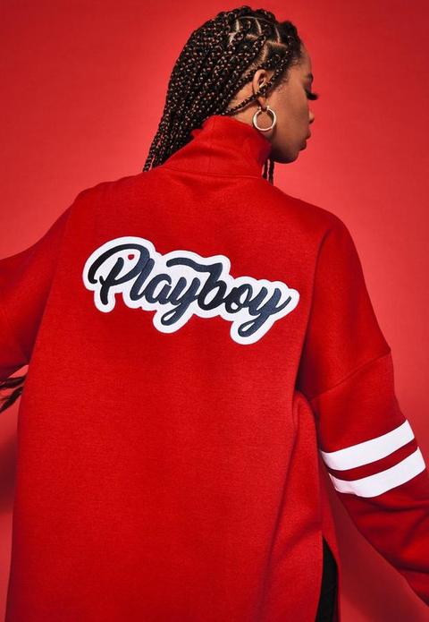 Playboy X Missguided Red Varsity 3/4 Zip Sweatshirt, Red