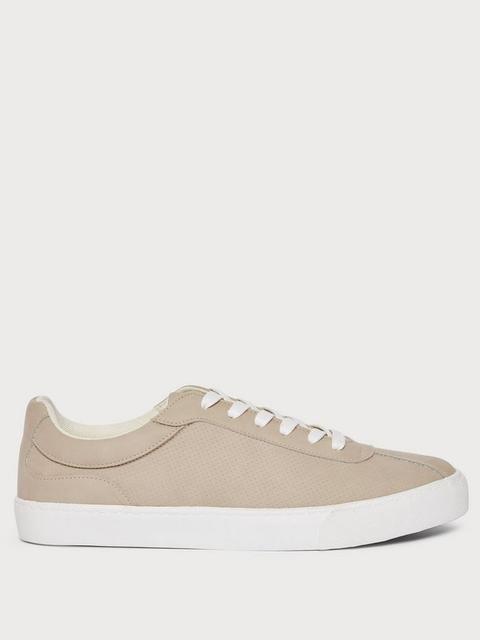 Beige Leather Look Lace-up Trainers