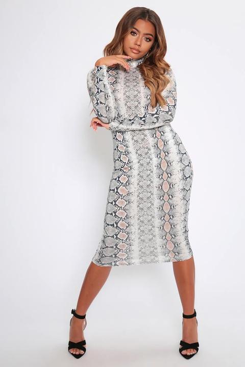 Snake Print Long Sleeve Roll Neck Midi Dress