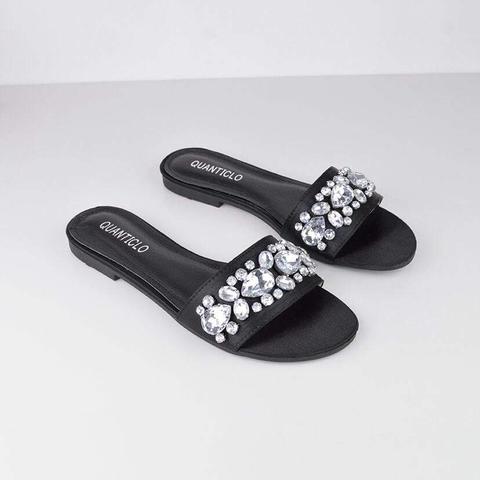 Ambar - Embellished Slider In Black Satin