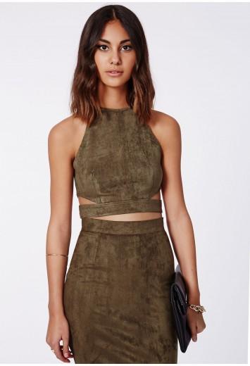 Magdelan Faux Suede Cut Out Top Khaki