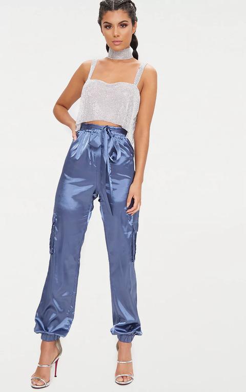 Powder Blue Satin Cargo Trousers, Blue