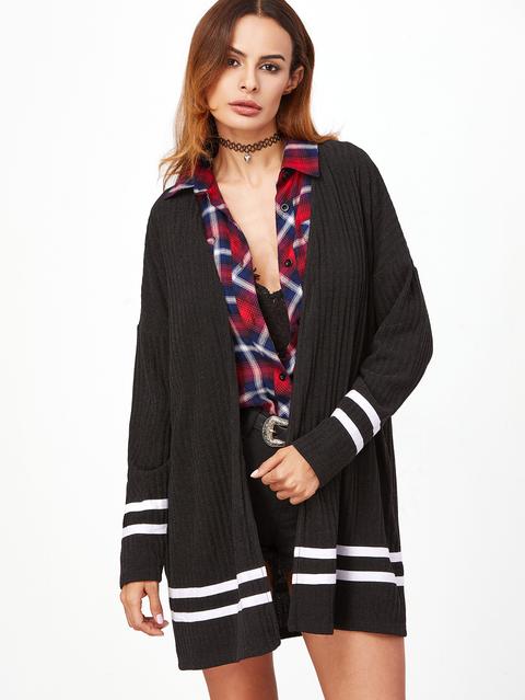 Cappotto Rifilato A Maglia A Strisce A Coste Nero
