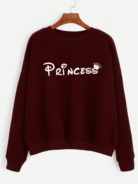 Burgundy Letter Print Drop Shoulder Seam Sweatshirt