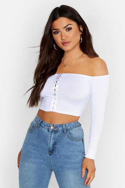 Womens Jumbo Rib Hook + Eye Long Sleeve Crop - White - 14, White