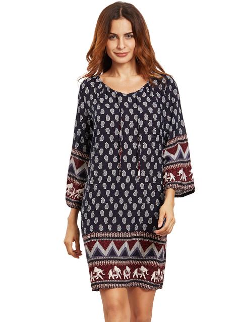 Navy Lace Up Vintage Dress Stampa Tunica
