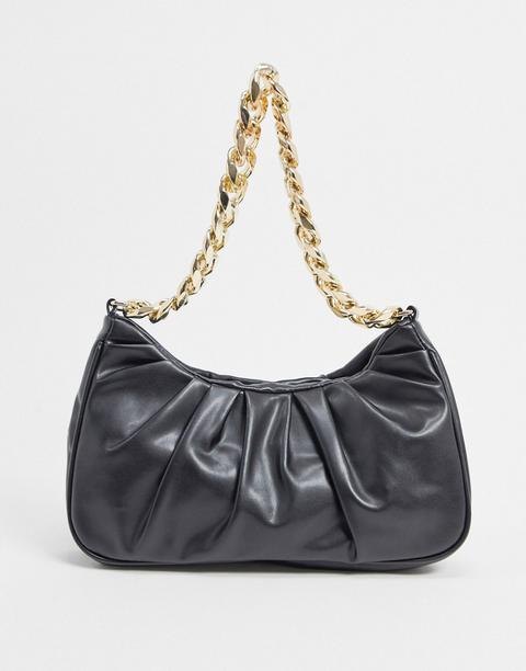 Asos Design Ruched Shoulder Bag In Black With Chunky Gold Chain